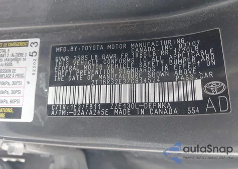 2007 Toyota Corolla Le from USA, damaged, VIN 2T1BR32E37C814524